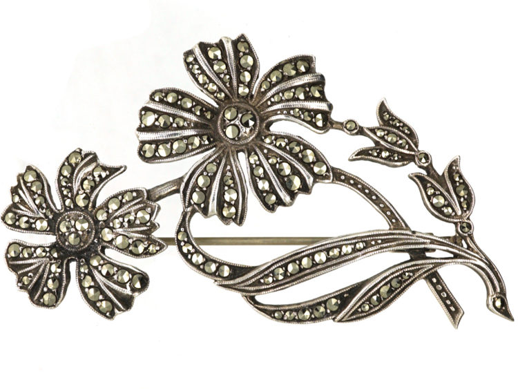 French Silver & Marcasite Flowers Brooch