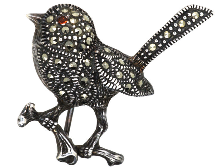 Silver & Marcasite Robin on Branch Brooch