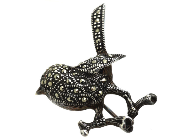 Silver & Marcasite Robin on Branch Brooch