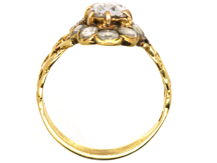 Victorian 18ct Gold & Rose Diamond Oval Cluster Ring with Pierced Shoulders