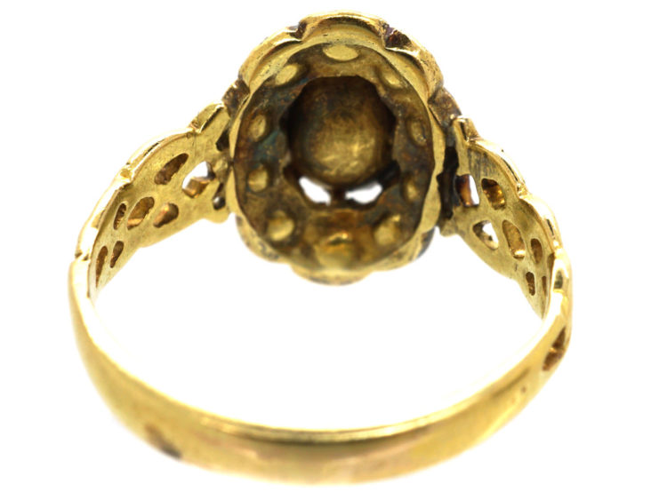 Victorian 18ct Gold & Rose Diamond Oval Cluster Ring with Pierced Shoulders