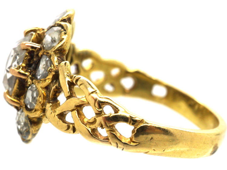 Victorian 18ct Gold & Rose Diamond Oval Cluster Ring with Pierced Shoulders