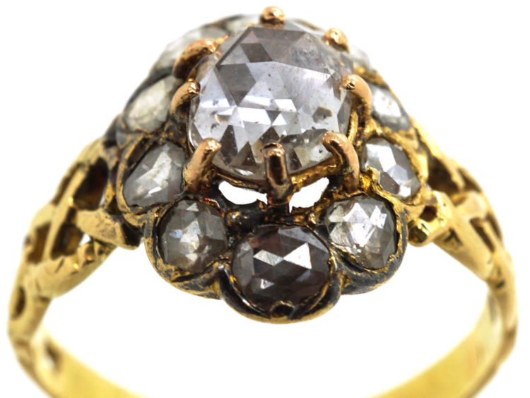 Victorian 18ct Gold & Rose Diamond Oval Cluster Ring with Pierced Shoulders