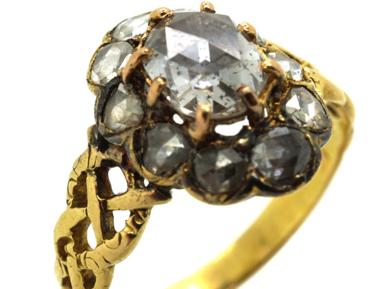 Victorian 18ct Gold & Rose Diamond Oval Cluster Ring with Pierced Shoulders
