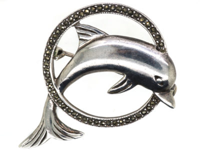 Silver & Marcasite Dolphin Jumping Through Hoop Brooch Silver & Marcasite Dolphin Jumping Through Hoop Brooch