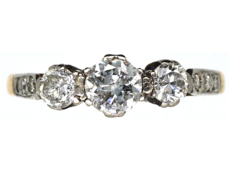 18ct Gold & Platinum, Three Stone Diamond Ring with Diamond Set Shoulders