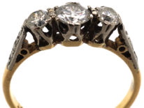 18ct Gold & Platinum, Three Stone Diamond Ring with Diamond Set Shoulders