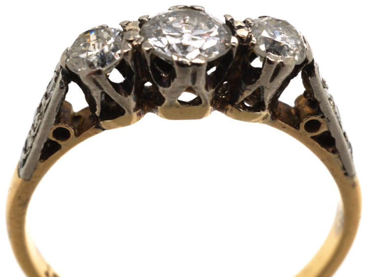 18ct Gold & Platinum, Three Stone Diamond Ring with Diamond Set Shoulders