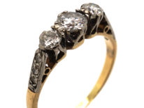 18ct Gold & Platinum, Three Stone Diamond Ring with Diamond Set Shoulders
