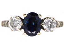 18ct Gold Sapphire & Diamond Three Stone Ring with Diamond Set Shoulders