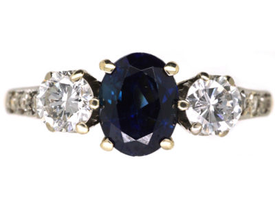 18ct Gold Sapphire & Diamond Three Stone Ring with Diamond Set Shoulders