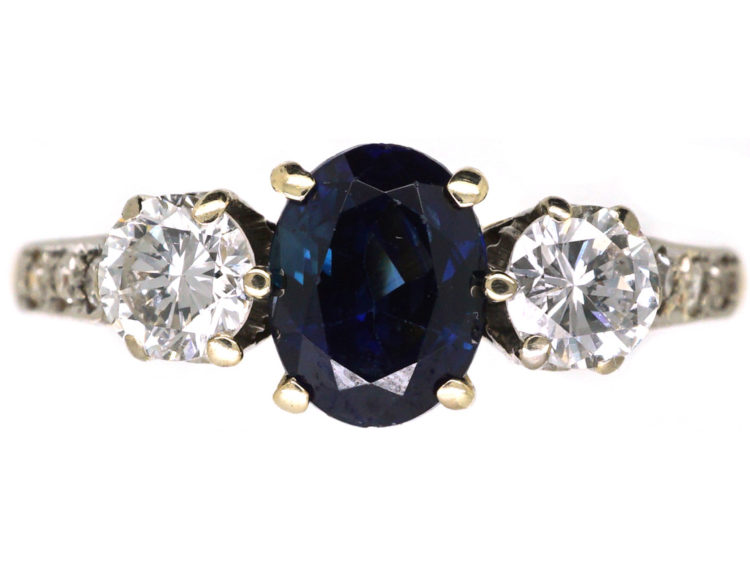 18ct Gold Sapphire & Diamond Three Stone Ring with Diamond Set Shoulders