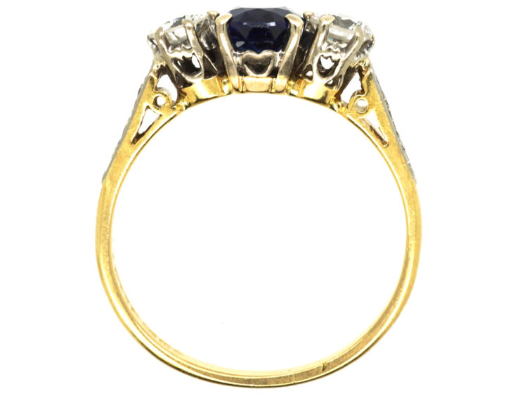 18ct Gold Sapphire & Diamond Three Stone Ring with Diamond Set Shoulders