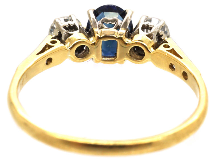18ct Gold Sapphire & Diamond Three Stone Ring with Diamond Set Shoulders