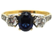 18ct Gold Sapphire & Diamond Three Stone Ring with Diamond Set Shoulders