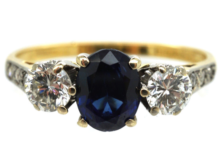 18ct Gold Sapphire & Diamond Three Stone Ring with Diamond Set Shoulders