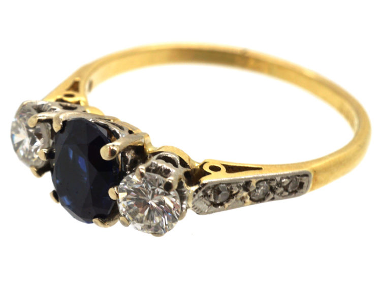 18ct Gold Sapphire & Diamond Three Stone Ring with Diamond Set Shoulders