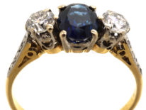 18ct Gold Sapphire & Diamond Three Stone Ring with Diamond Set Shoulders