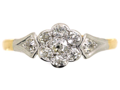 Edwardian 18ct Gold & Platinum, Diamond Cluster Ring with Diamond Set Shoulders