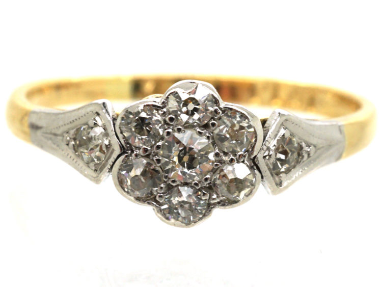 Edwardian 18ct Gold & Platinum, Diamond Cluster Ring with Diamond Set Shoulders