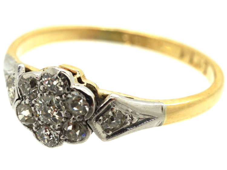 Edwardian 18ct Gold & Platinum, Diamond Cluster Ring with Diamond Set Shoulders