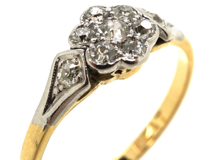 Edwardian 18ct Gold & Platinum, Diamond Cluster Ring with Diamond Set Shoulders