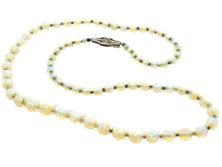 Edwardian Graduated Opal Bead Necklace with 9ct White Gold Clasp