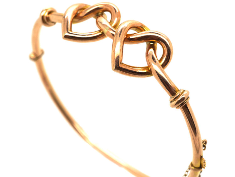 Edwardian 9ct Gold Double Heart Bangle