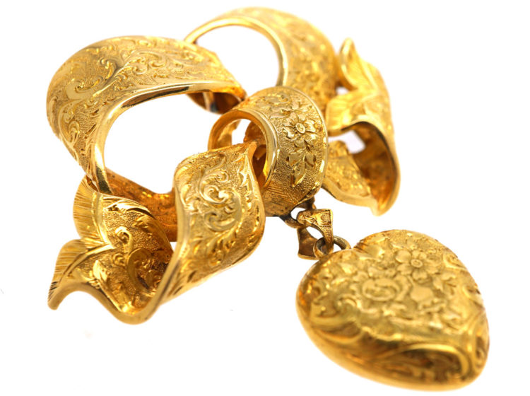 Victorian 15ct Gold Bow Brooch with Heart Drop
