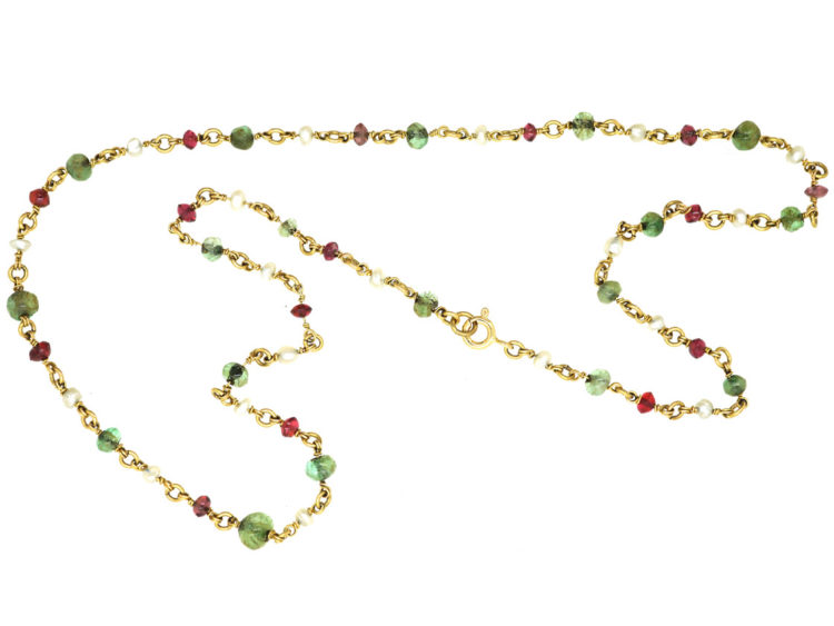 Edwardian 18ct Gold, Emerald, Ruby & Natural Pearl Chain