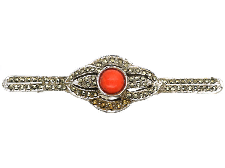 Art Deco Silver, Marcasite & Coral Brooch