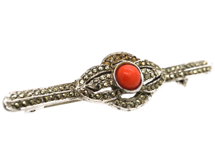 Art Deco Silver, Marcasite & Coral Brooch