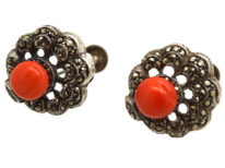 Art Deco Silver, Marcasite & Coral Screw On Earrings