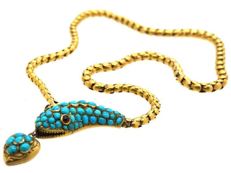 Victorian 18ct Gold Snake Necklace with Turquoise Studded Head
