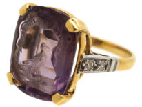 18ct Gold, Diamond & Amethyst Ring with Intaglio of a Bird