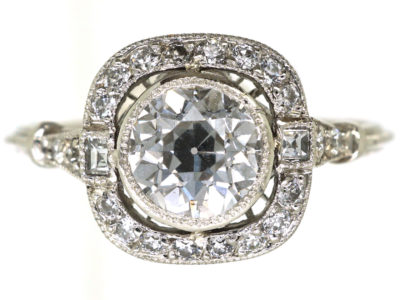 Art Deco Platinum & Diamond Solitaire Ring with Diamond Set Shoulders
