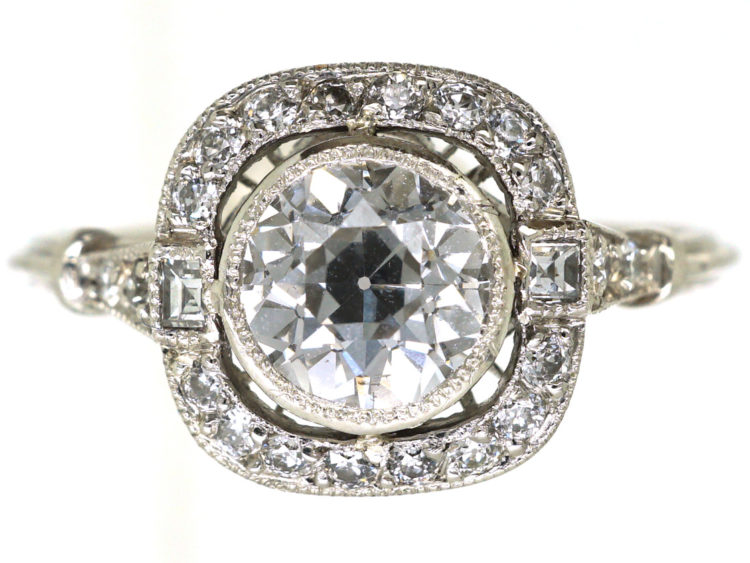 Art Deco Platinum & Diamond Solitaire Ring with Diamond Set Shoulders
