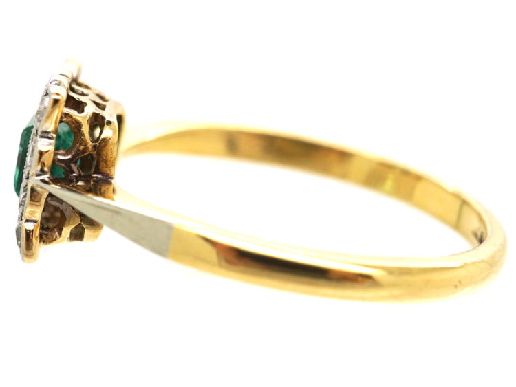 Art Deco 18ct Gold & Platinum, Emerald & Diamond Square Ring