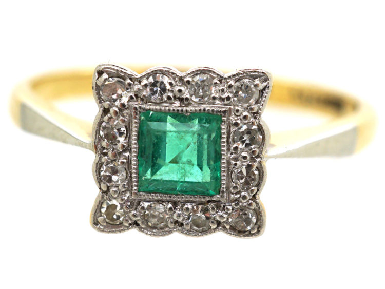 Art Deco 18ct Gold & Platinum, Emerald & Diamond Square Ring