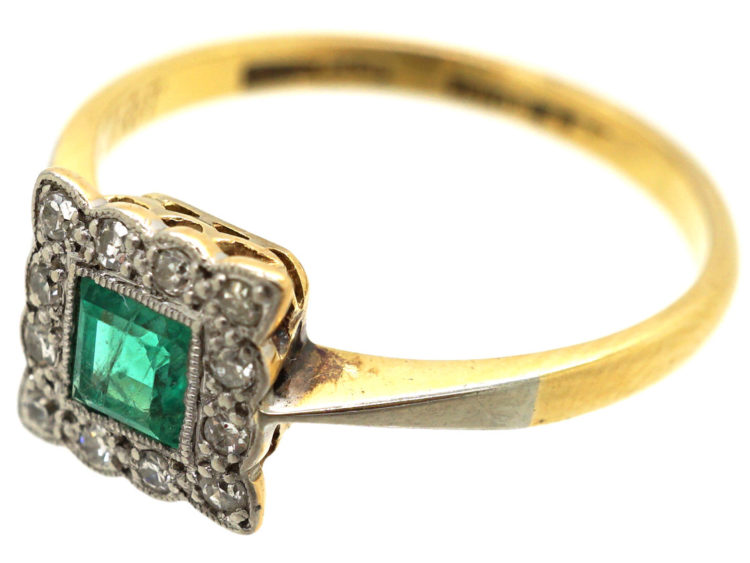 Art Deco 18ct Gold & Platinum, Emerald & Diamond Square Ring