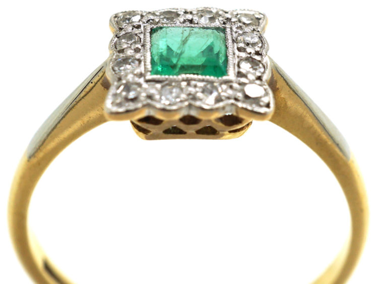 Art Deco 18ct Gold & Platinum, Emerald & Diamond Square Ring