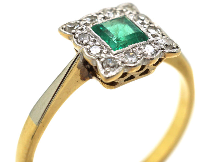 Art Deco 18ct Gold & Platinum, Emerald & Diamond Square Ring