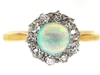Edwardian 18ct Gold, Opal & Diamond Cluster Ring