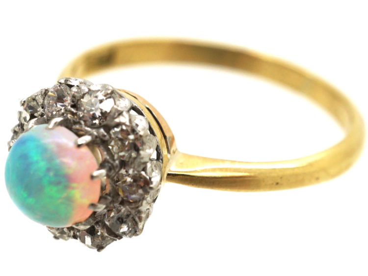 Edwardian 18ct Gold, Opal & Diamond Cluster Ring