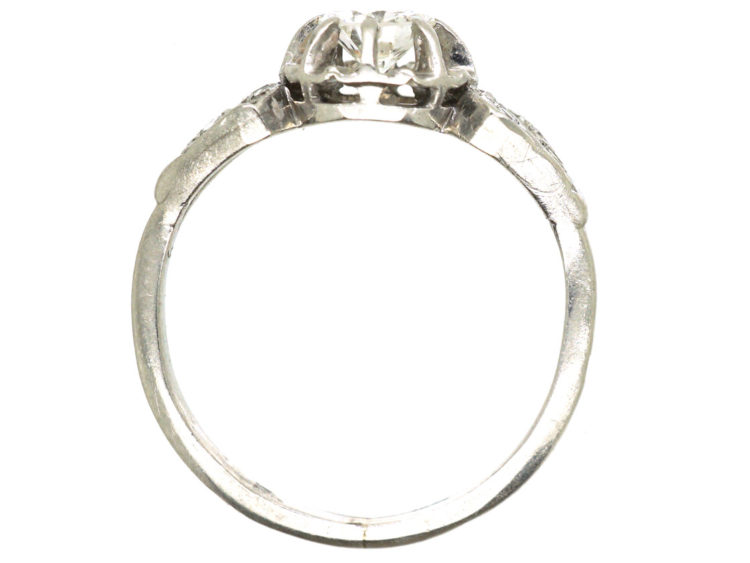 French Art Deco Platinum & Diamond Ring with Pierced Slanted Shoulders
