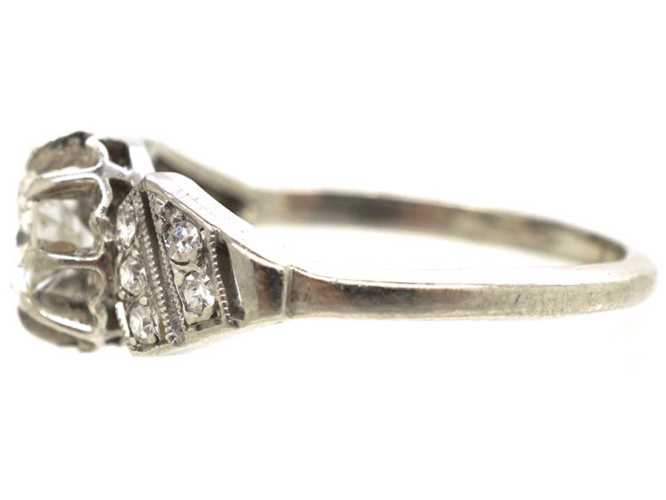 French Art Deco Platinum & Diamond Ring with Pierced Slanted Shoulders