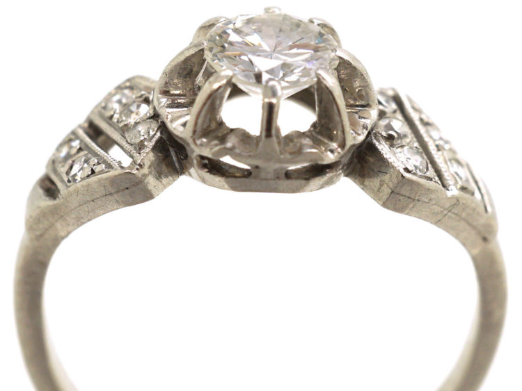French Art Deco Platinum & Diamond Ring with Pierced Slanted Shoulders