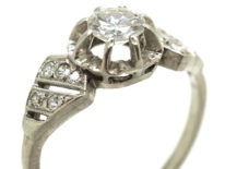 French Art Deco Platinum & Diamond Ring with Pierced Slanted Shoulders