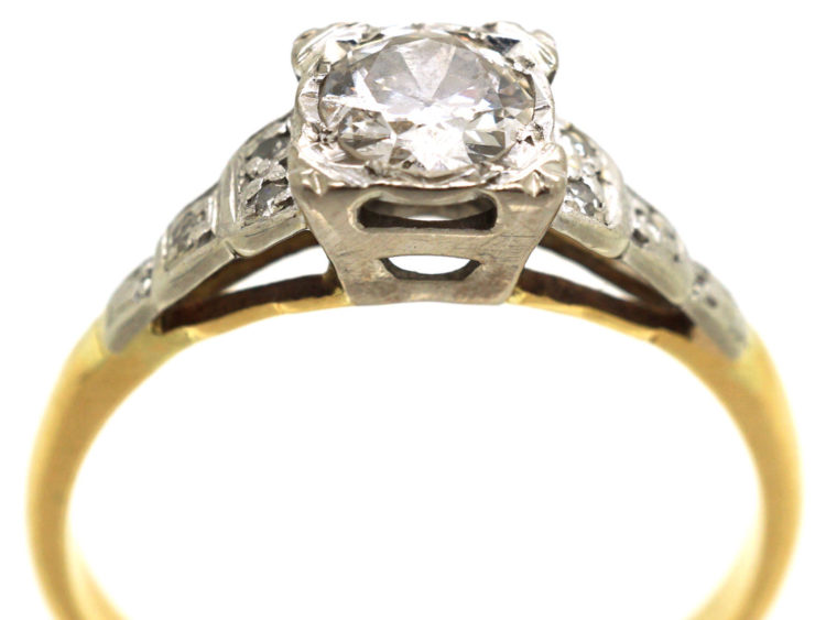 Art Deco 18ct Gold Diamond Ring With Step Cut Diamond Set Shoulders