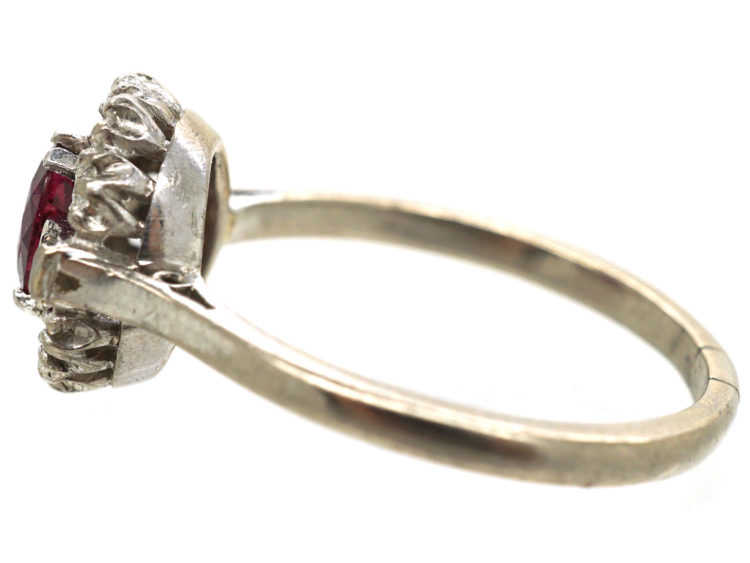 Art Deco 18ct White Gold & Platinum, Ruby & Diamond Cluster Ring